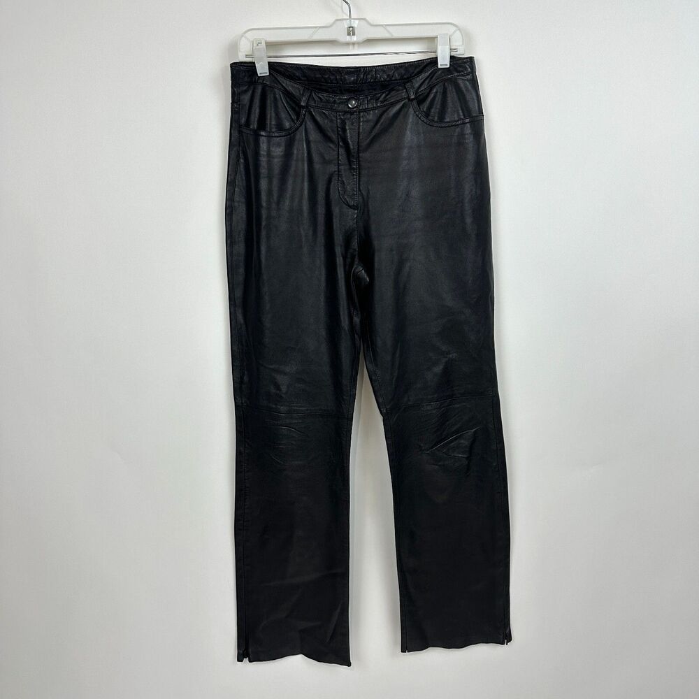 VTG Bebe Genuine Leather Pants 10 Black Bootcut Ankle Zip Mid Rise 90s Y2K Biker
